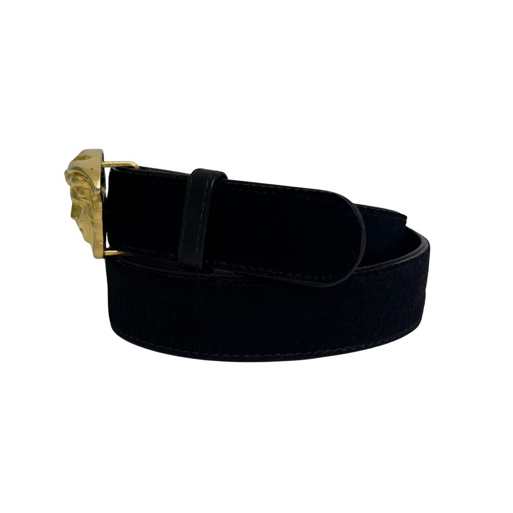 Gianni Versace Vintage Gold Tone Medusa Black Fur Calfskin Leather Belt Size 28 - Picture 5 of 13